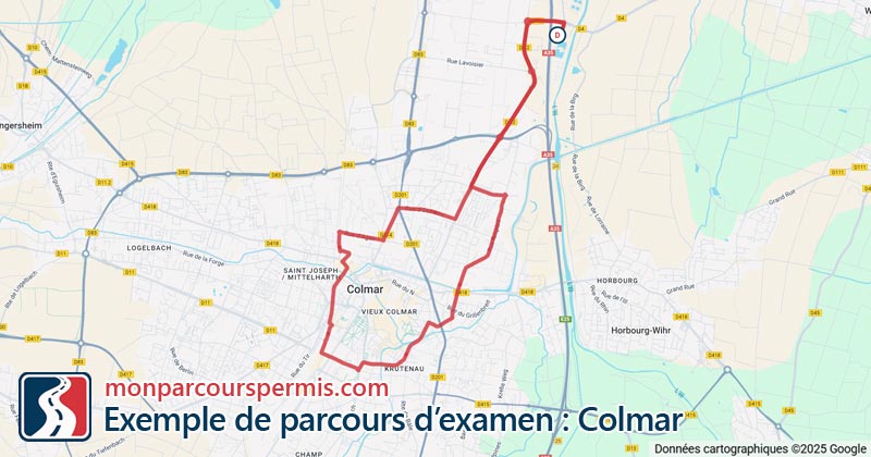 Carte des parcours d’examen du permis de conduire à Colmar