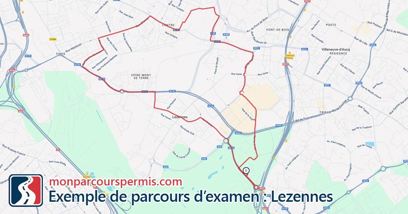 Carte des parcours d’examen du permis de conduire à Lezennes