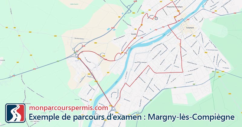 Carte des parcours d’examen du permis de conduire à Margny-lès-Compiègne