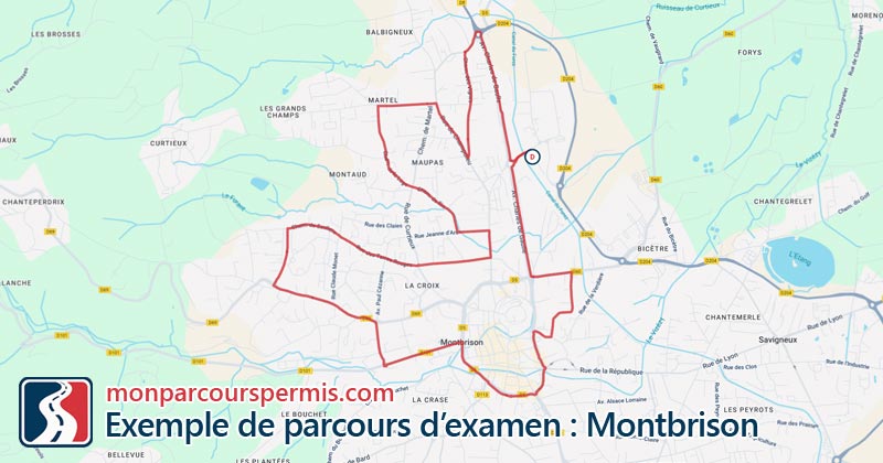Carte des parcours d’examen du permis de conduire à Montbrison