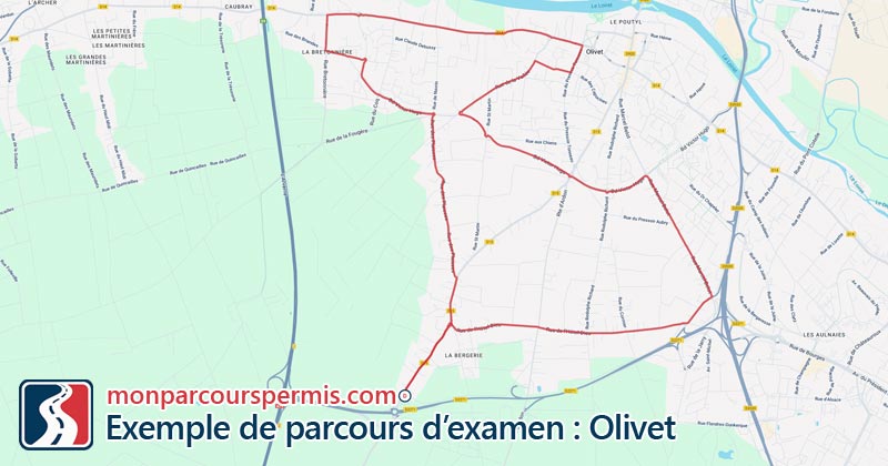 Carte des parcours d’examen du permis de conduire à Olivet