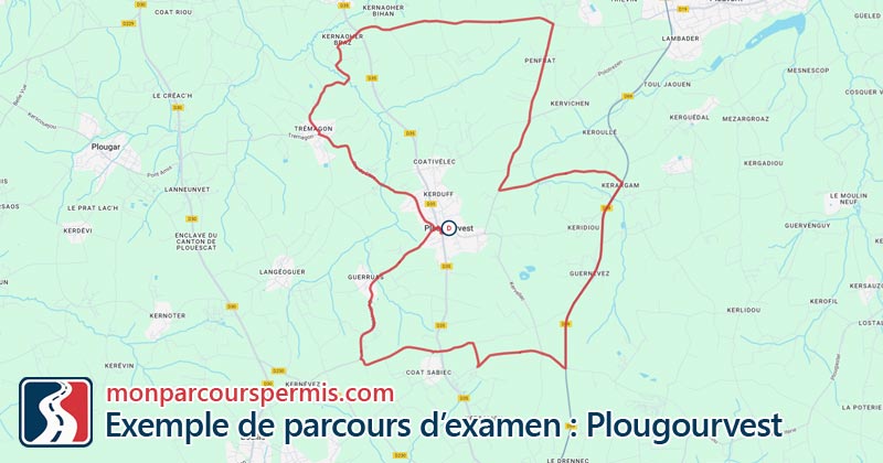Carte des parcours d’examen du permis de conduire à Plougourvest