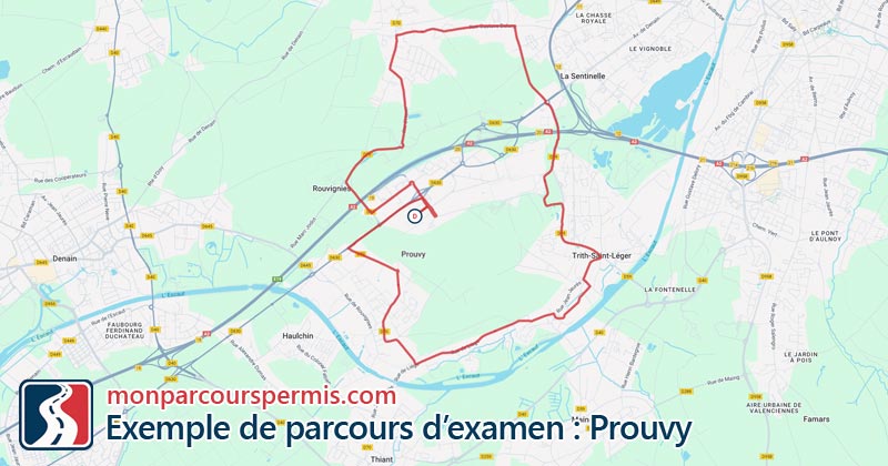 Carte des parcours d’examen du permis de conduire à Prouvy