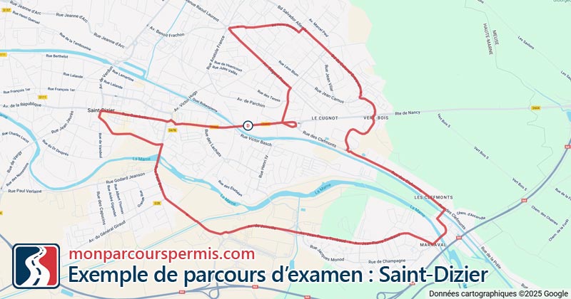Carte des parcours d’examen du permis de conduire à Saint-Dizier