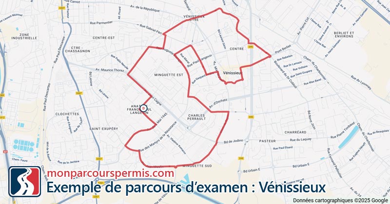 Carte des parcours d’examen du permis de conduire à Vénissieux